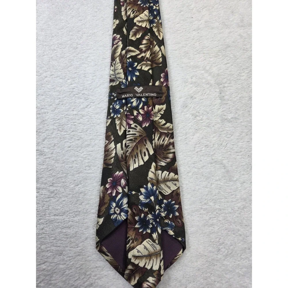 Vintage Mario Valentino Silk Tie Italy Floral Botanical Blue Burgundy Designer